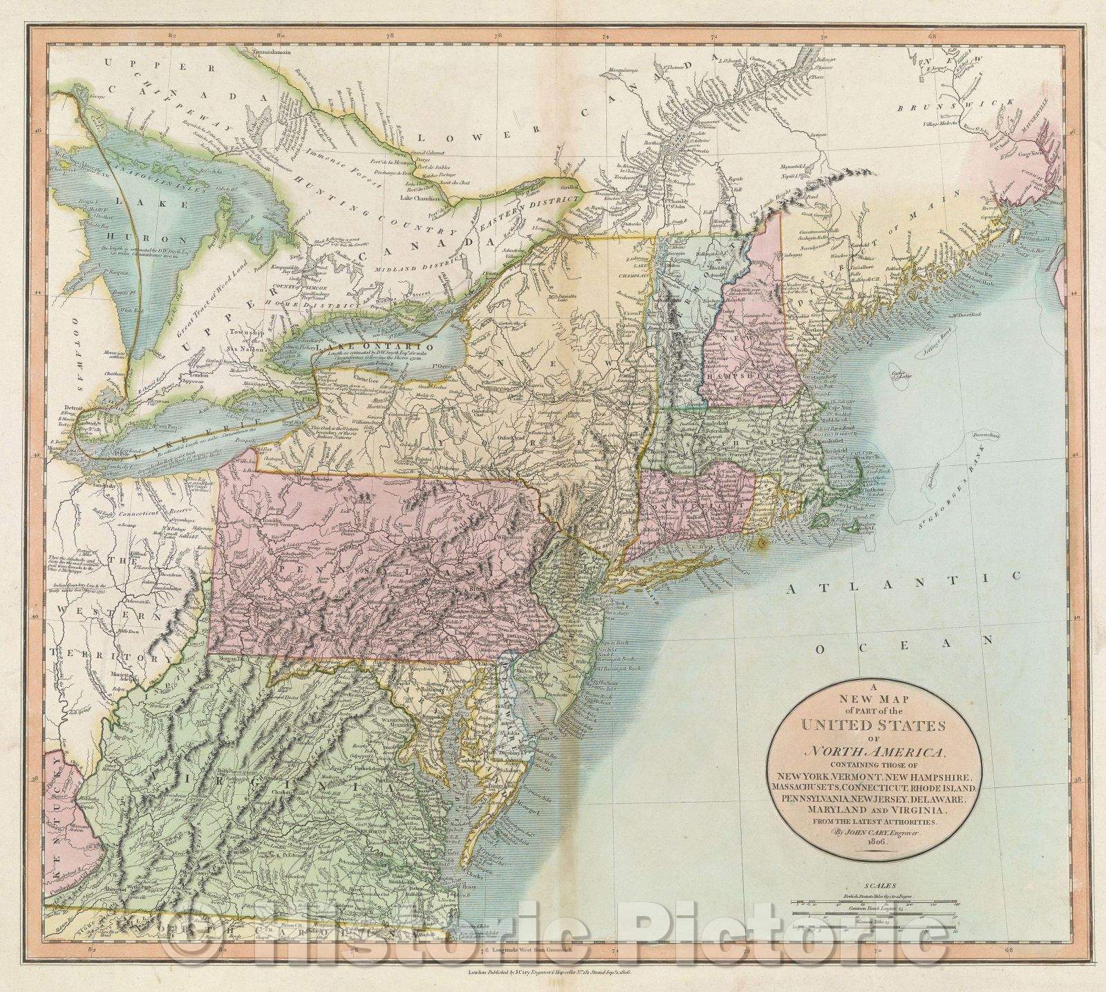 Historic Map : A New Map of Part of the United States of North America, Containing Those of New York, Vermont, New Hampshire, Massachusetts, Connecticut, Rhode Island, 1806 , Vintage Wall Art