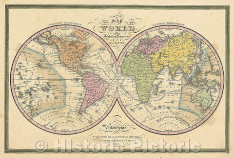 Historic Map : A New Map of the World on the Globular Projection by H.S. Tanner, 1846 , Vintage Wall Art