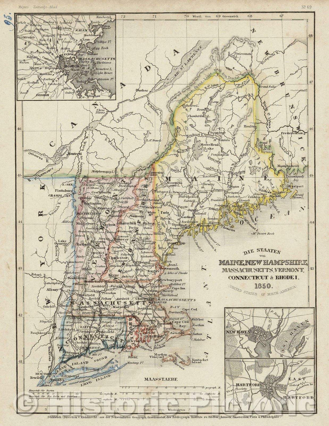 Historic Map : Die Staaten von Maine, New Hampshire, Massachusetts, Vermont, Connecticut and Rhode I., 1850 , Vintage Wall Art