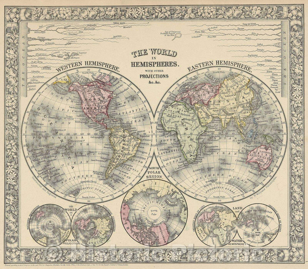 Historic Map : The World in Hemispheres With Other Projections andc. andc, 1860 , Vintage Wall Art
