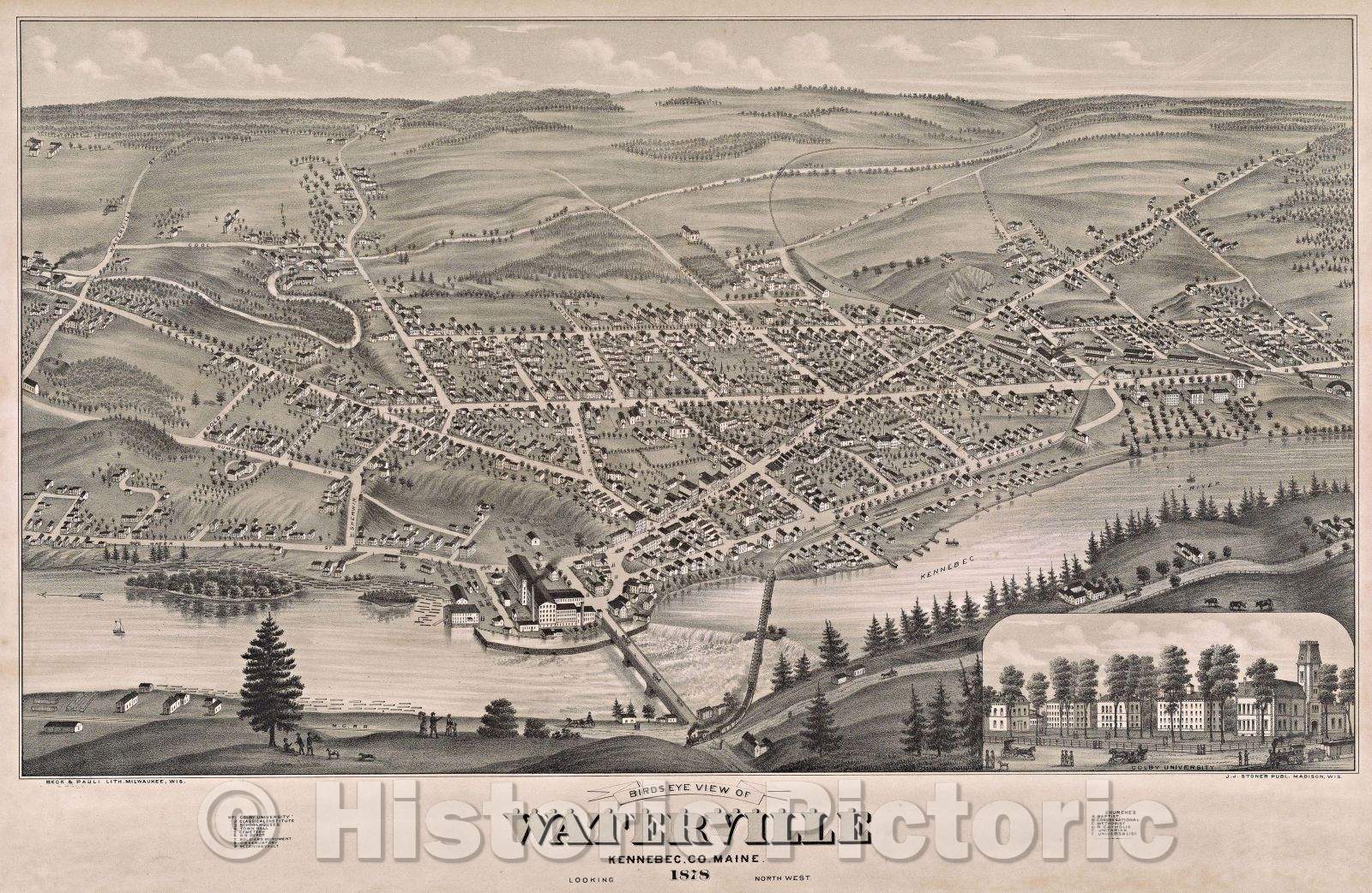 Historic Map : Birds Eye View of Waterville Kennebec, Co. Maine  Looking Northwest, 1878 , Vintage Wall Art