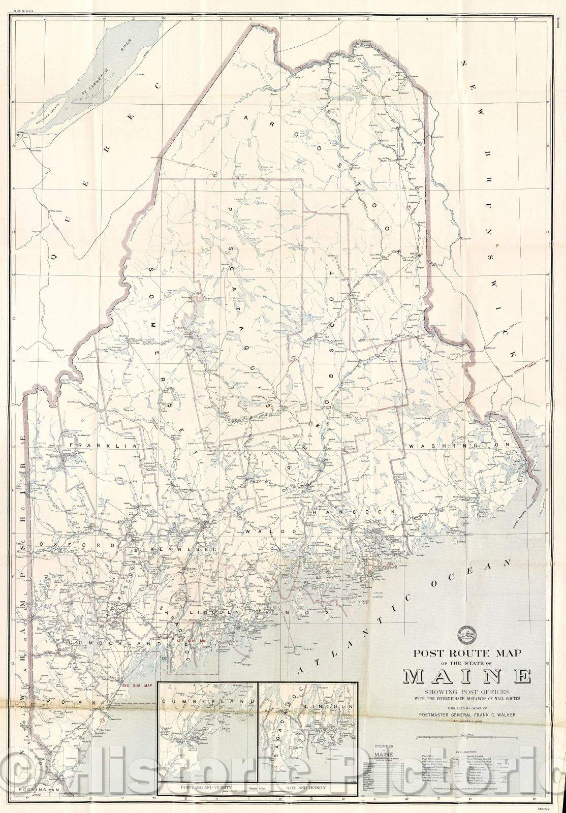 Historic Map : Post Route Map of the State of Maine showing Post Offices with the intermediate distances on mail routes., 1942 , Vintage Wall Art