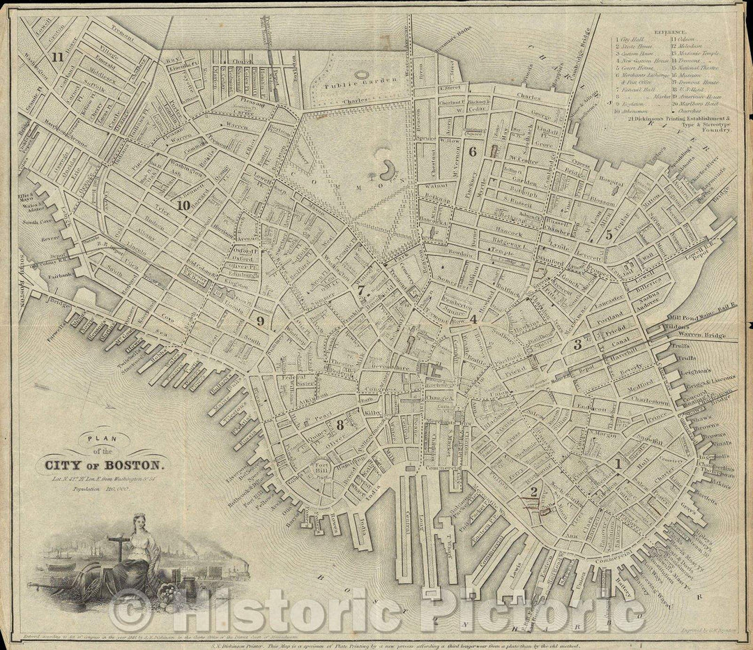 Historic Map : Plan of the City of Boston, 1844 , Vintage Wall Art , v2