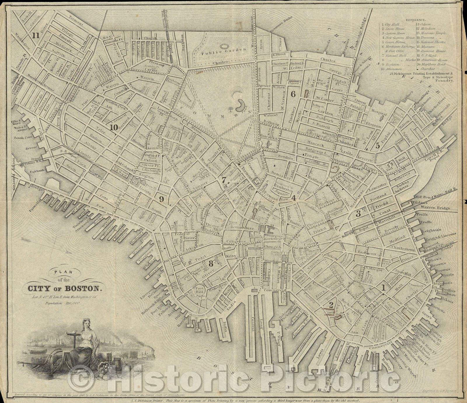 Historic Map : Plan of the City of Boston, 1844 , Vintage Wall Art , v2