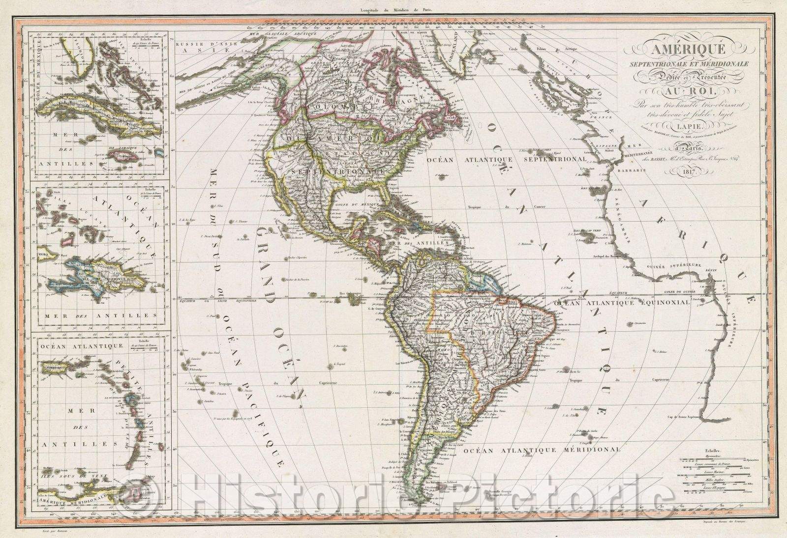 Historic Map : Amerique Septentrionale et Meridionale Dediee et Presentee au Roi Par son tres-humble tres-obeissant tres-devoue et fidele sujet Lapie Gravee, 1817 , Vintage Wall Art