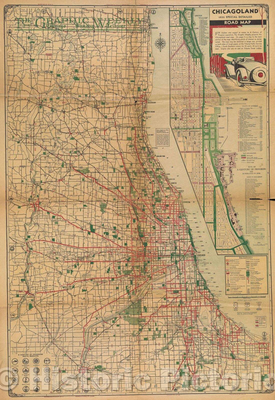 Historic Map : Chicagoland Road Map, 1933 , Vintage Wall Art