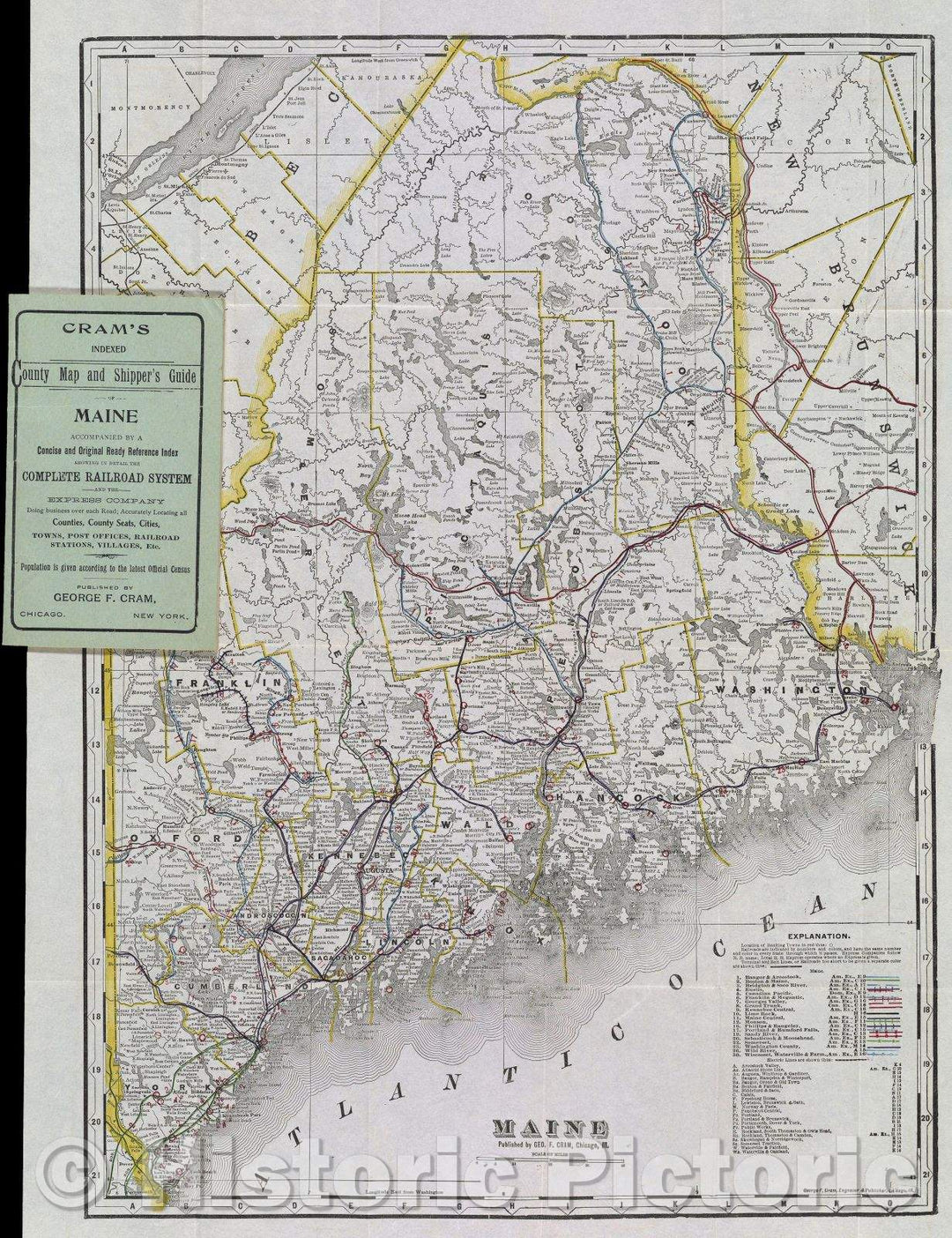 Historic Map : Cram's indexed County map and Shipper's Guide of Maine accompanied by a concise and original ready reference index showing in detail the complete Rail, 1904 , Vintage Wall Art