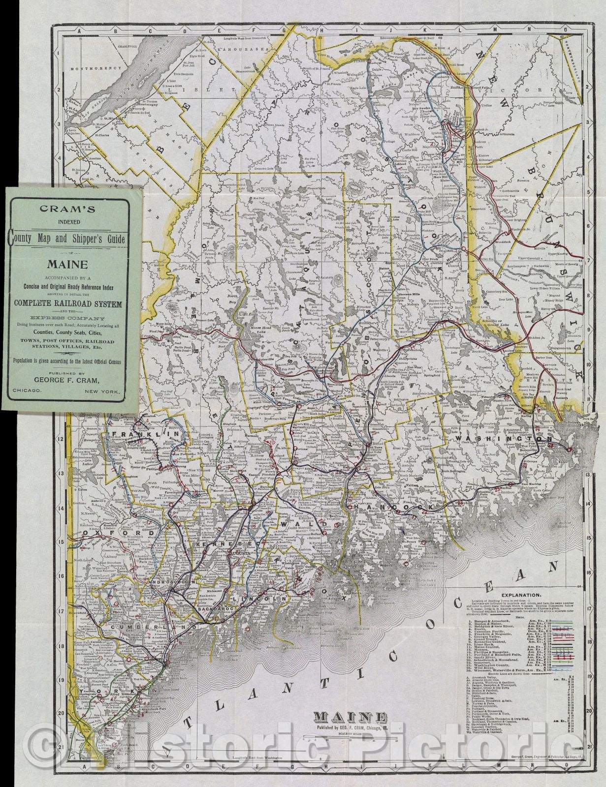 Historic Map : Cram's indexed County map and Shipper's Guide of Maine accompanied by a concise and original ready reference index showing in detail the complete Rail, 1904 , Vintage Wall Art