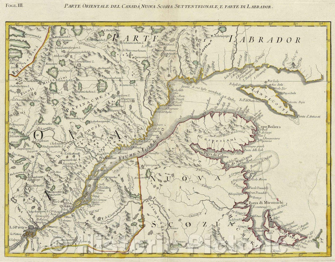 Historic Map : Parte Orientale Del Canada, Nuova Scozia Settentrionale, e Parte di Labrador., 1778 , Vintage Wall Art