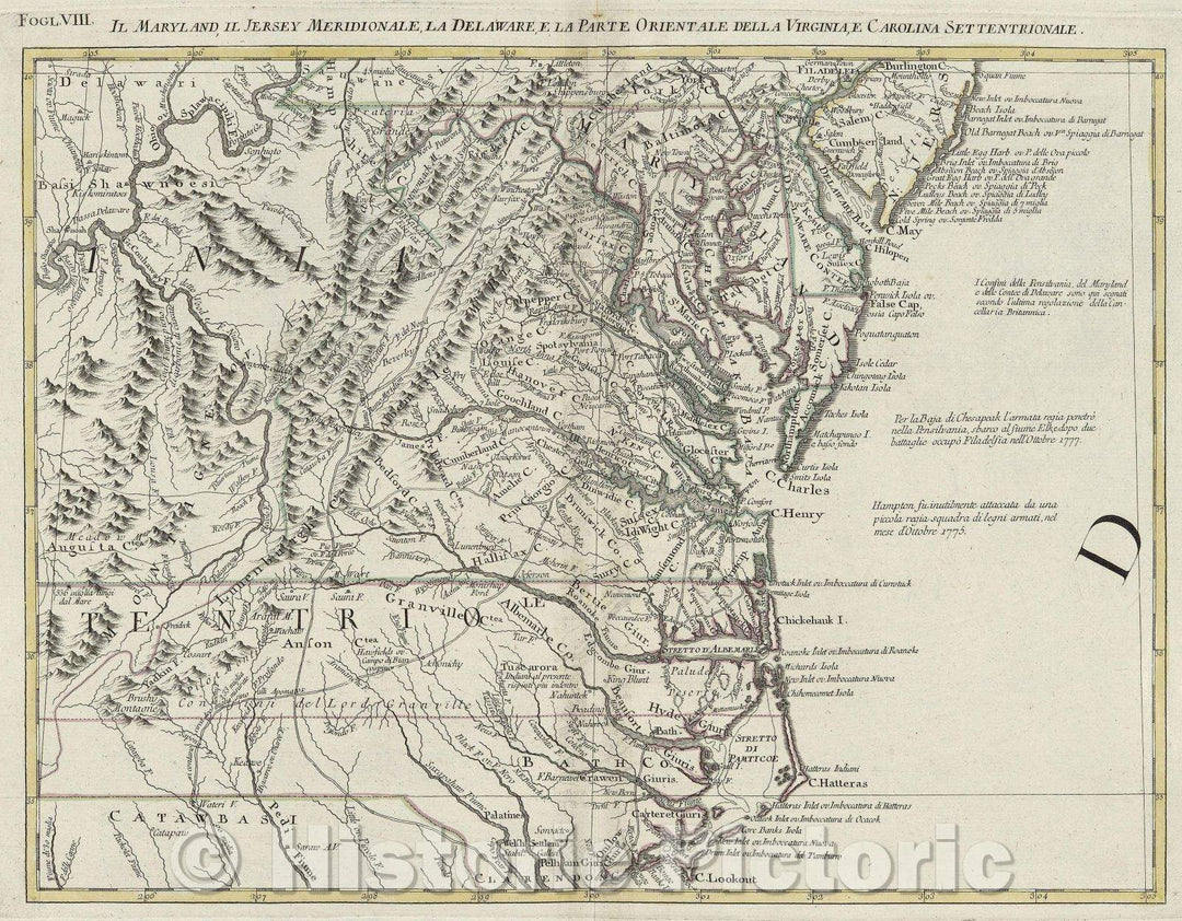 Historic Map : Il Maryland, il Jersey Meridionale, la Delaware e la Parte Orientale Della Virgina, e Carolina Settentrionale., 1778 , Vintage Wall Art