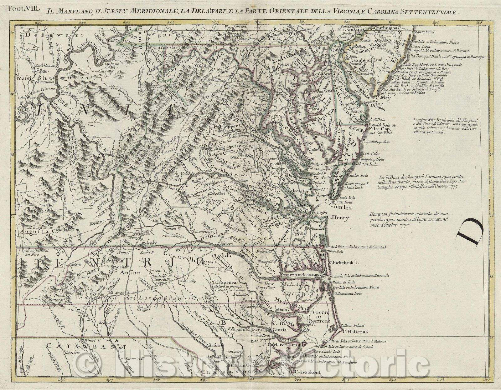 Historic Map : Il Maryland, il Jersey Meridionale, la Delaware e la Parte Orientale Della Virgina, e Carolina Settentrionale., 1778 , Vintage Wall Art