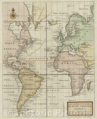 Historic Map : A General Chart of the Sea Coast of Europe, Africa and America. According to E. Wrights or Mercator's Projection By H. Moll, Geographer., 1720 , Vintage Wall Art