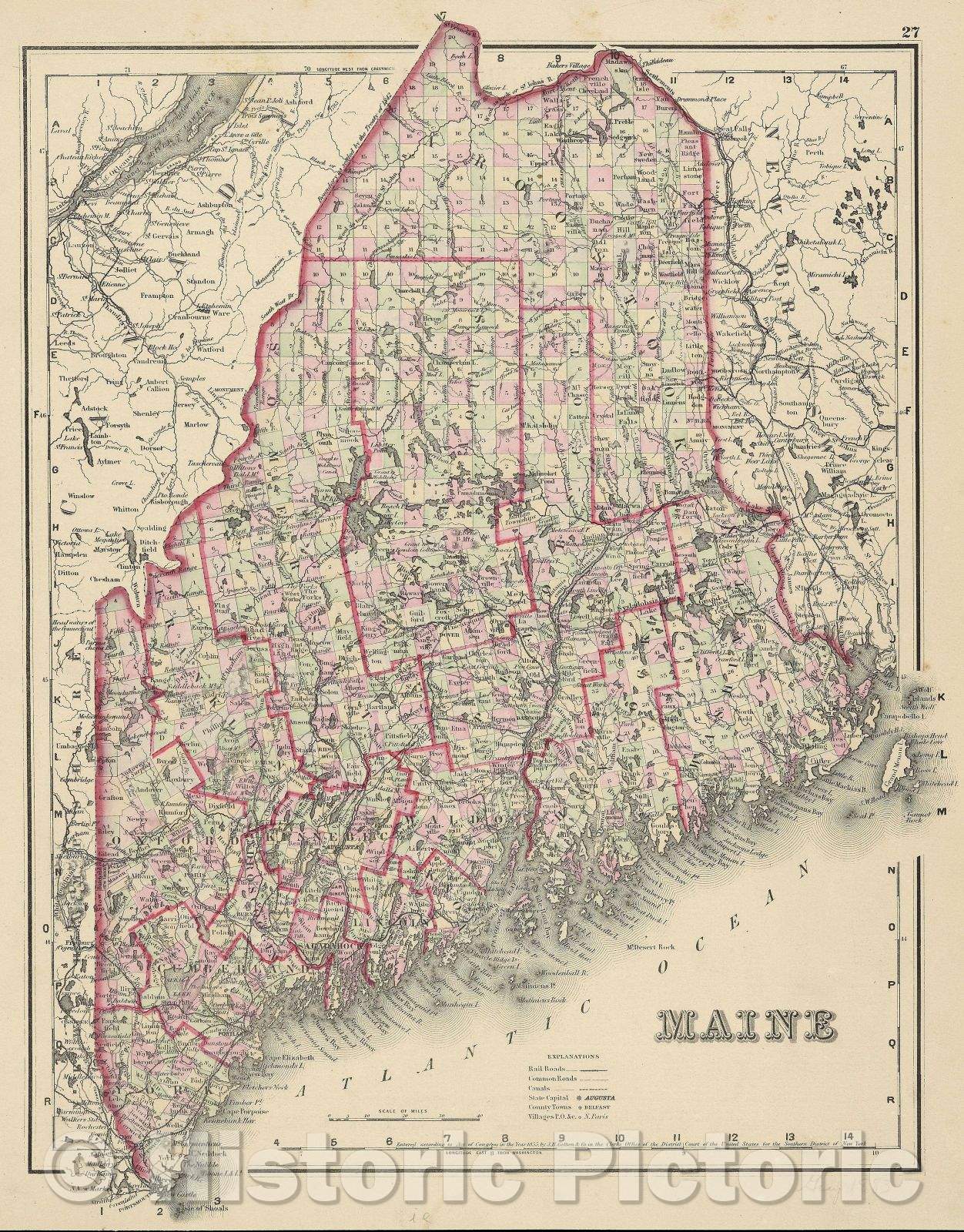 Historic Map : Maine, 1883 , Vintage Wall Art