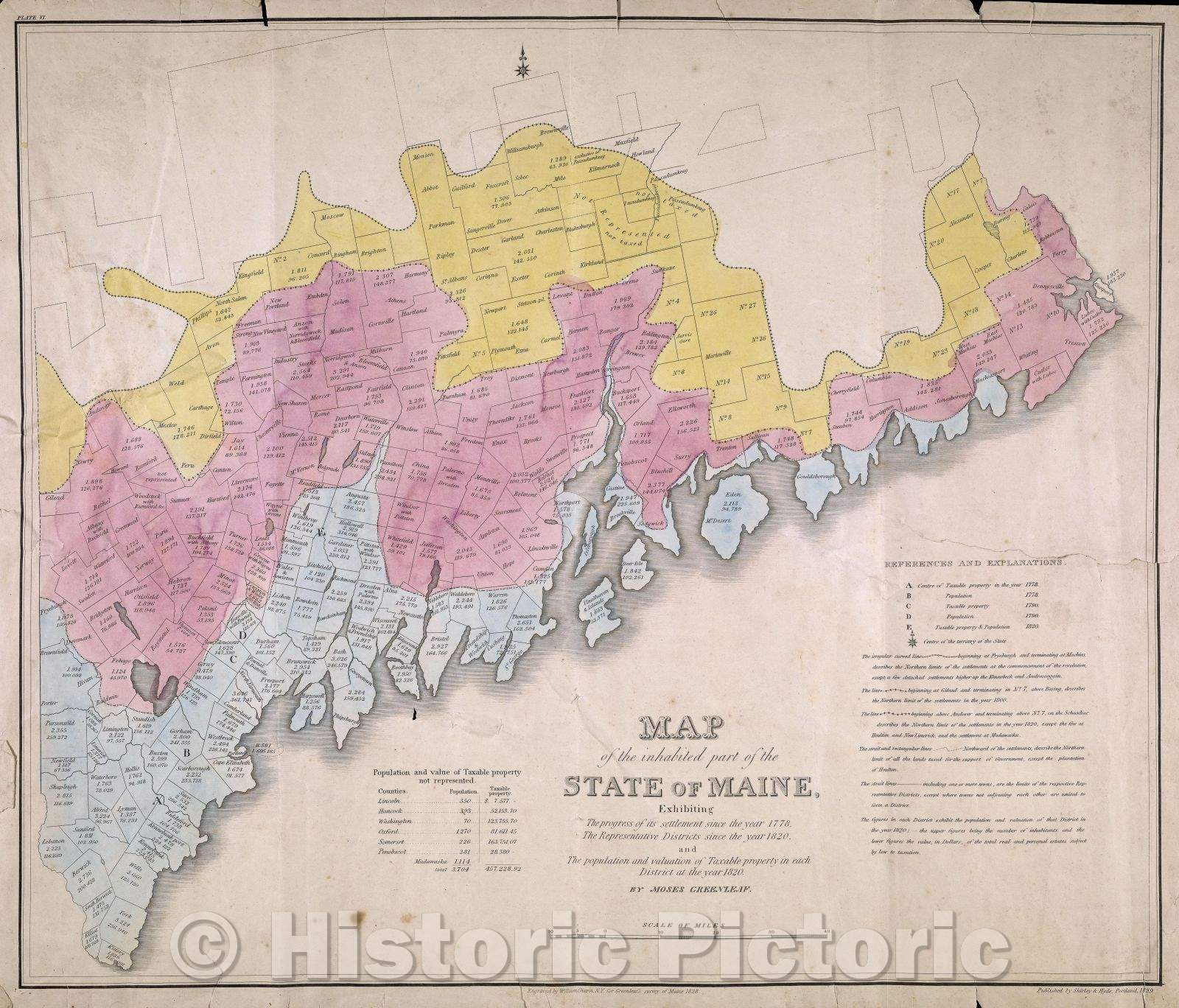 Historic Map : Map of the Inhabited Part of the State of Maine Exhibiting the progress of its settlement since 1778, The Representative Districts since 1820, 1829 , Vintage Wall Art