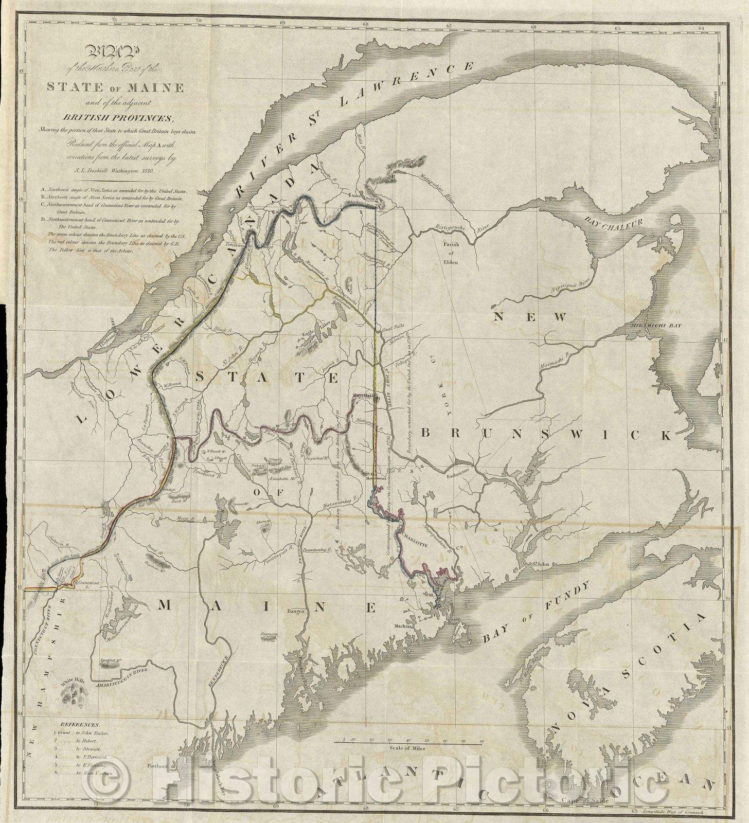 Historic Map : Map of the Northern Part of the State of Maine and of the Adjacent British Provinces, Shewing the portion of that State to which Great Britain, 1830 , Vintage Wall Art