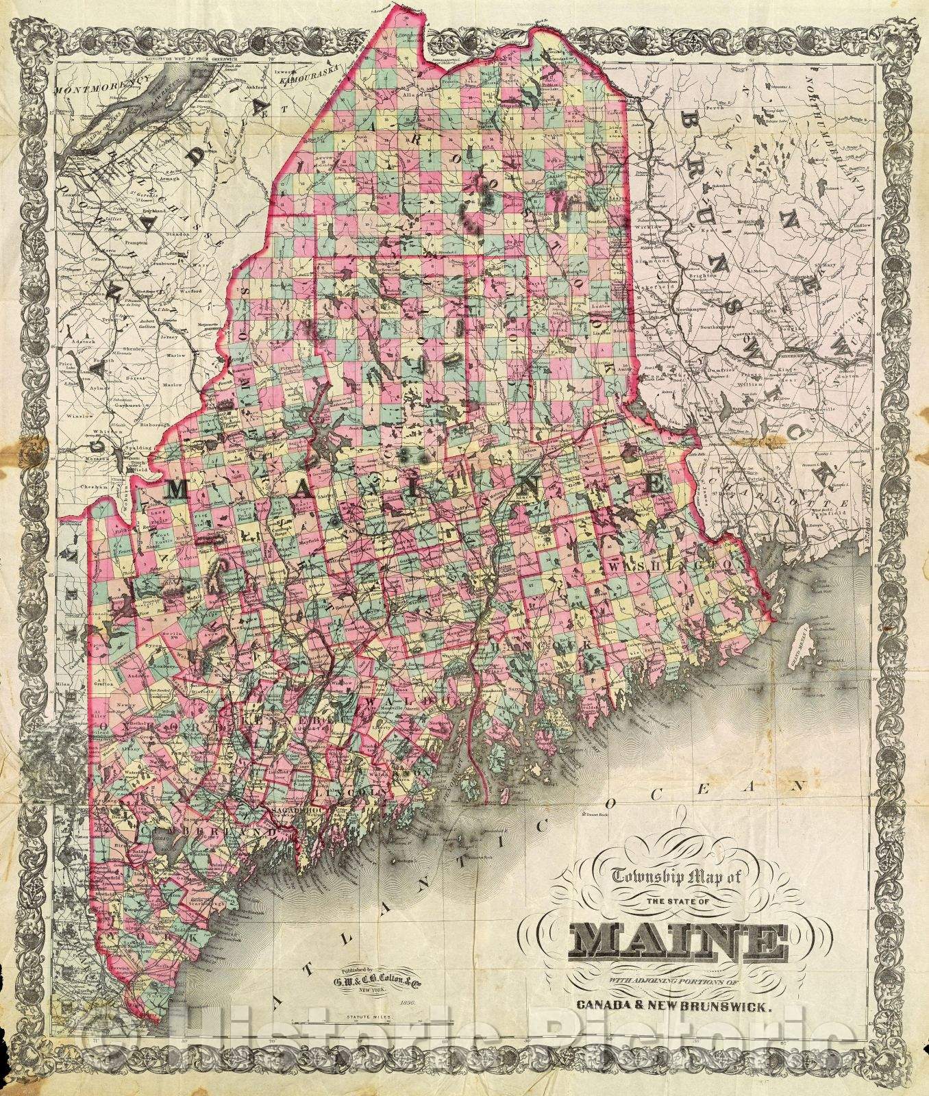 Historic Map : Township Map of the State of Maine with adjoining portions of Canada and New Brunswick, 1896 , Vintage Wall Art