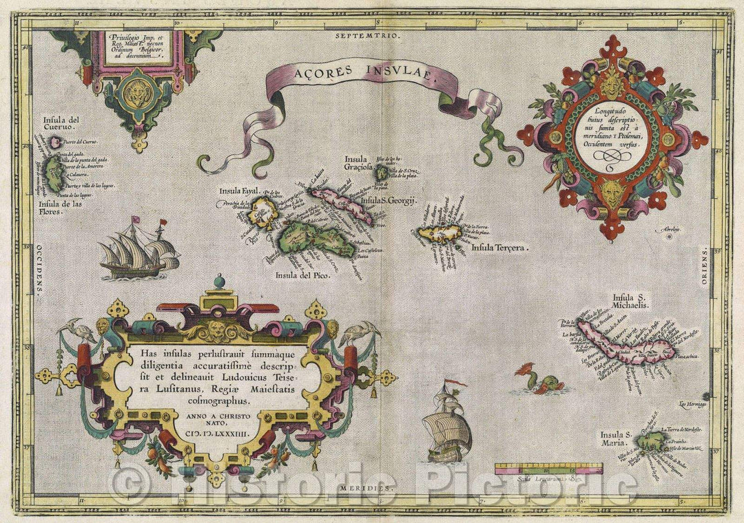 Historic Map : Acores Insulae has insulas perlustrauit summaque diligentia accuratissime descripsit et delineavit Ludouicus Teisera Lustanus, 1612 , Vintage Wall Art