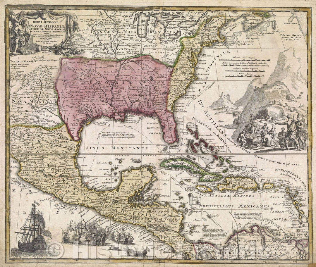 Historic Map : Regni Mexicani seu Novae Hispaniae, Floridae, Novae Angliae, Carolinae, Virginiae, et Pensylvaniae, nec non insvlarvm archipelagi Mexicani in America, 1712 , Vintage Wall Art