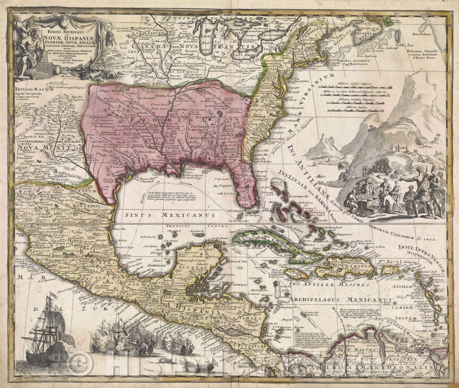 Historic Map : Regni Mexicani seu Novae Hispaniae, Floridae, Novae Angliae, Carolinae, Virginiae, et Pensylvaniae, nec non insvlarvm archipelagi Mexicani in America, 1712 , Vintage Wall Art
