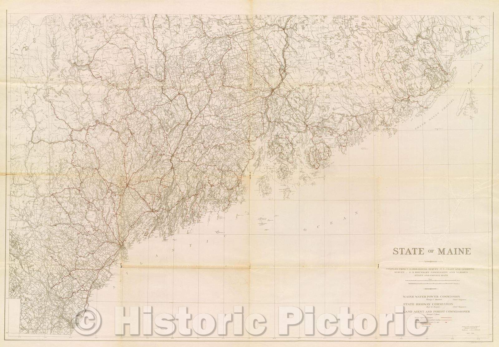 Historic Map : State of Maine compiled from U.S. Geological Survey, U.S. Coast and Geodetic Survey, U.S. Boundary Commission and various state and private maps, 1922 , Vintage Wall Art