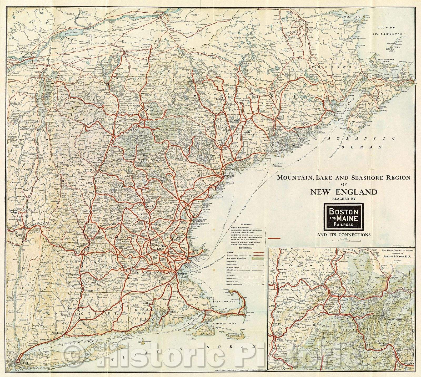 Historic Map : Mountain, Lake and Seashore Region of New England reached by Boston and Maine Railroad and its connections, 1923 , Vintage Wall Art