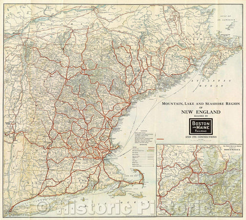 Historic Map : Mountain, Lake and Seashore Region of New England reached by Boston and Maine Railroad and its connections, 1923 , Vintage Wall Art