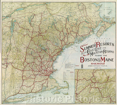 Historic Map : Summer Resorts of the Coast, Lake and Mountain Regions along the Boston and Maine Railroad and connections, 1912 , Vintage Wall Art
