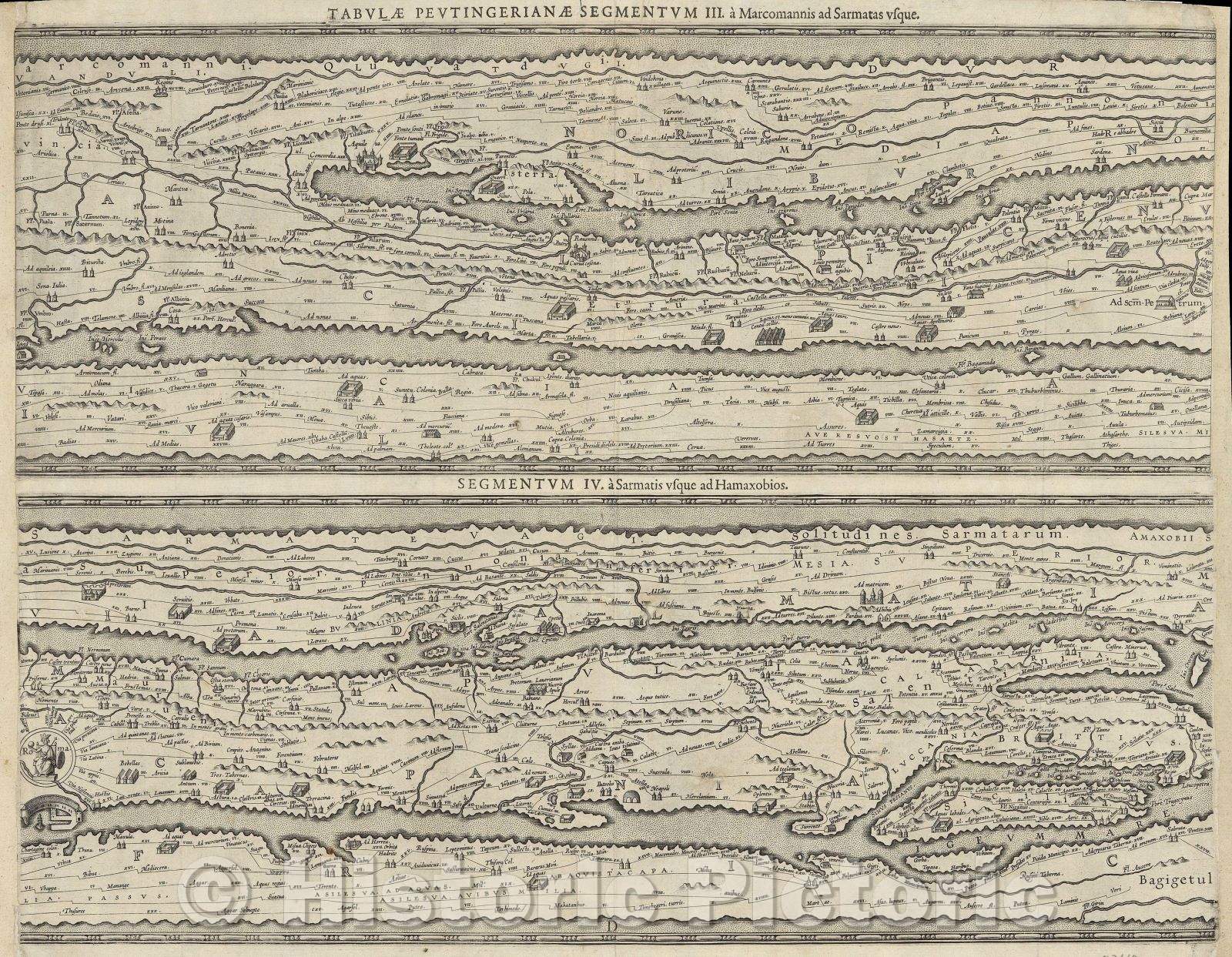 Historic Map : Tabula Itineraria ex Illustri Peutingerorum Bibliotheca quae Augustae Vindel est beneficio Marci Velseri Septemviri Augustani in Lucem Edita..., c. 1609 , Vintage Wall Art