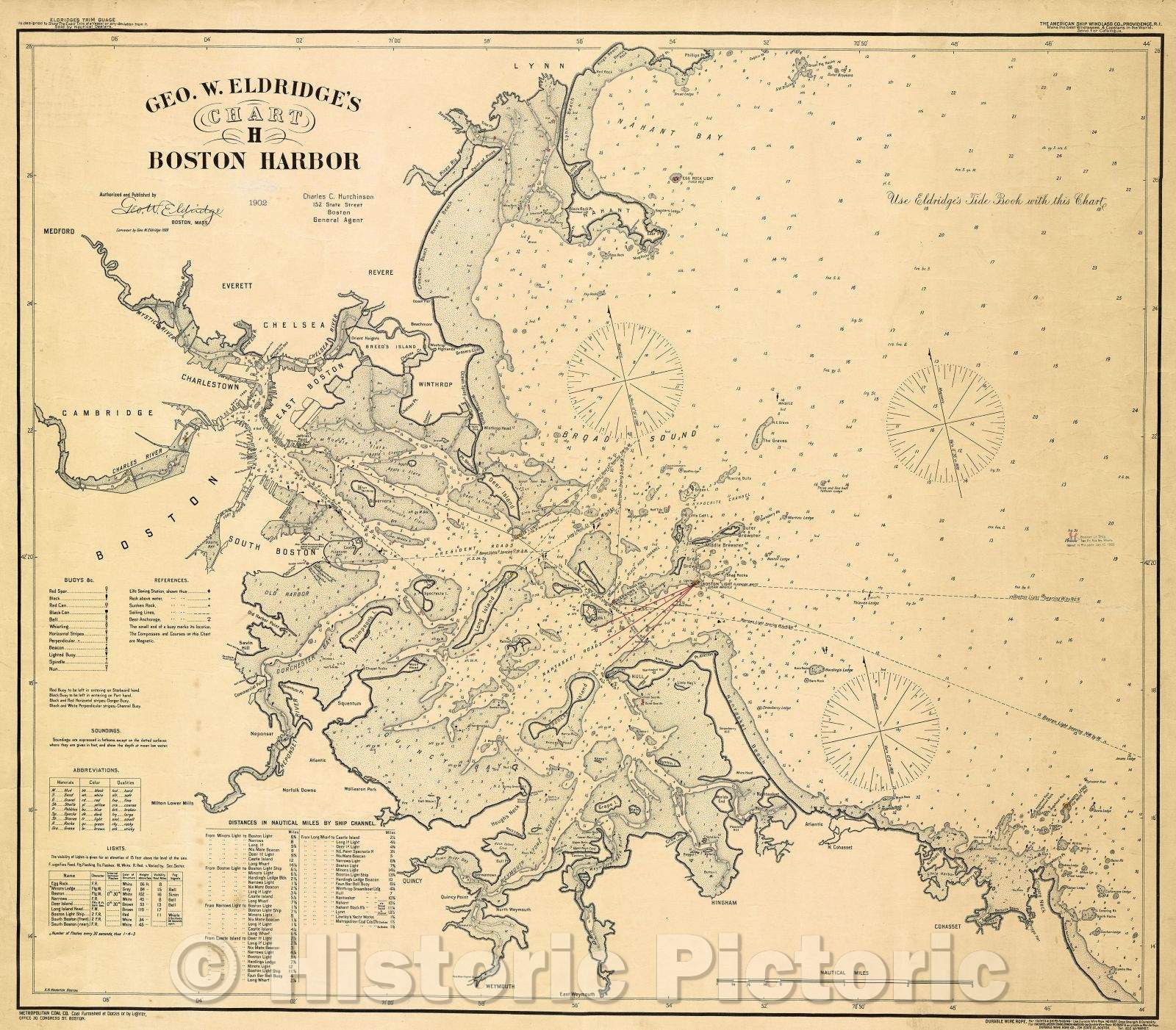 Historic Map : Geo. W. Eldridge's Chart H  Boston Harbor  Authorized and Published by Geo. W. Eldridge., 1902 , Vintage Wall Art