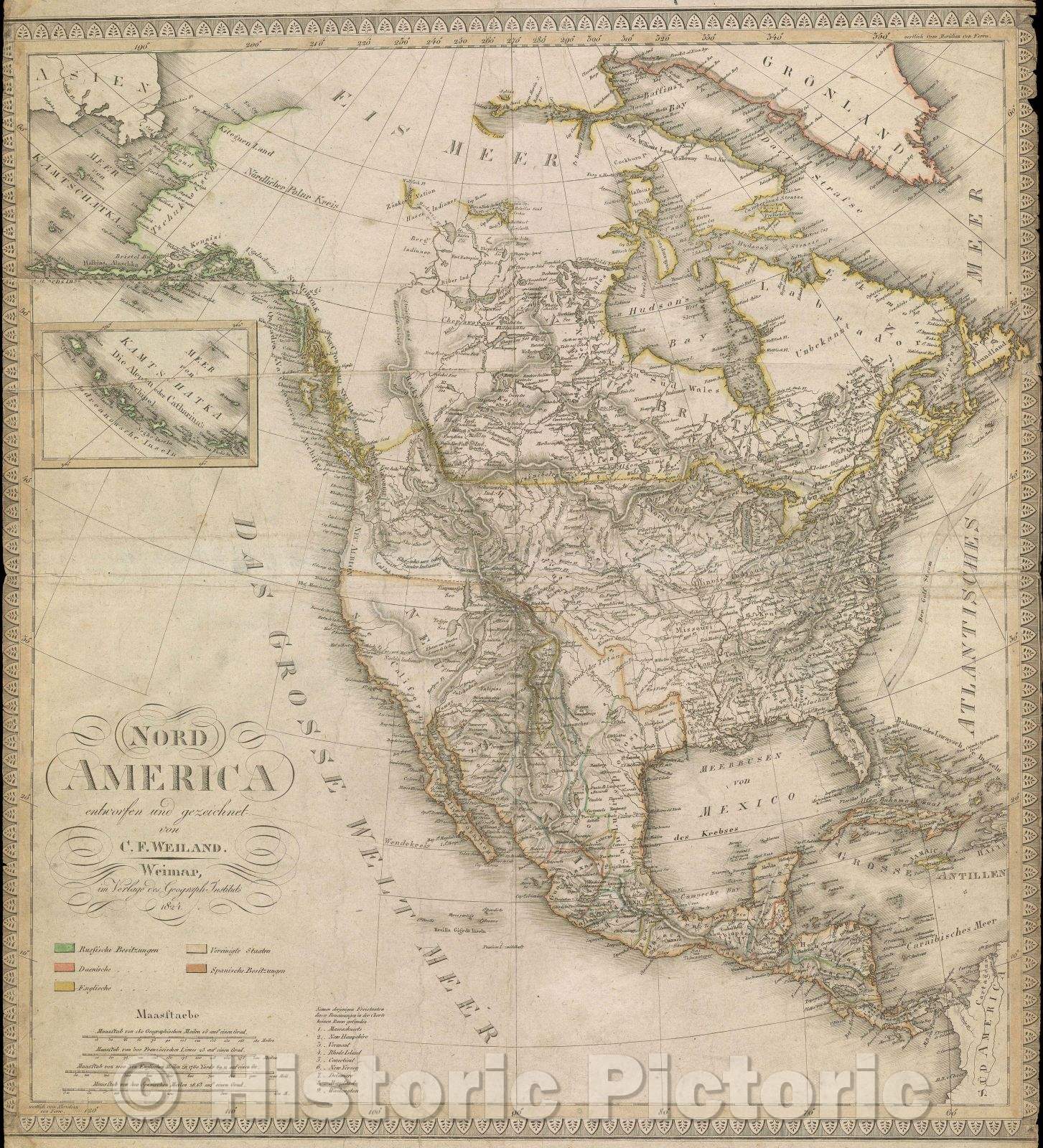 Historic Map : Nord America entworfen und gezeichnet von C.F. Wieland. In Verlage des Geograph Instituts 1824., 1824 , Vintage Wall Art