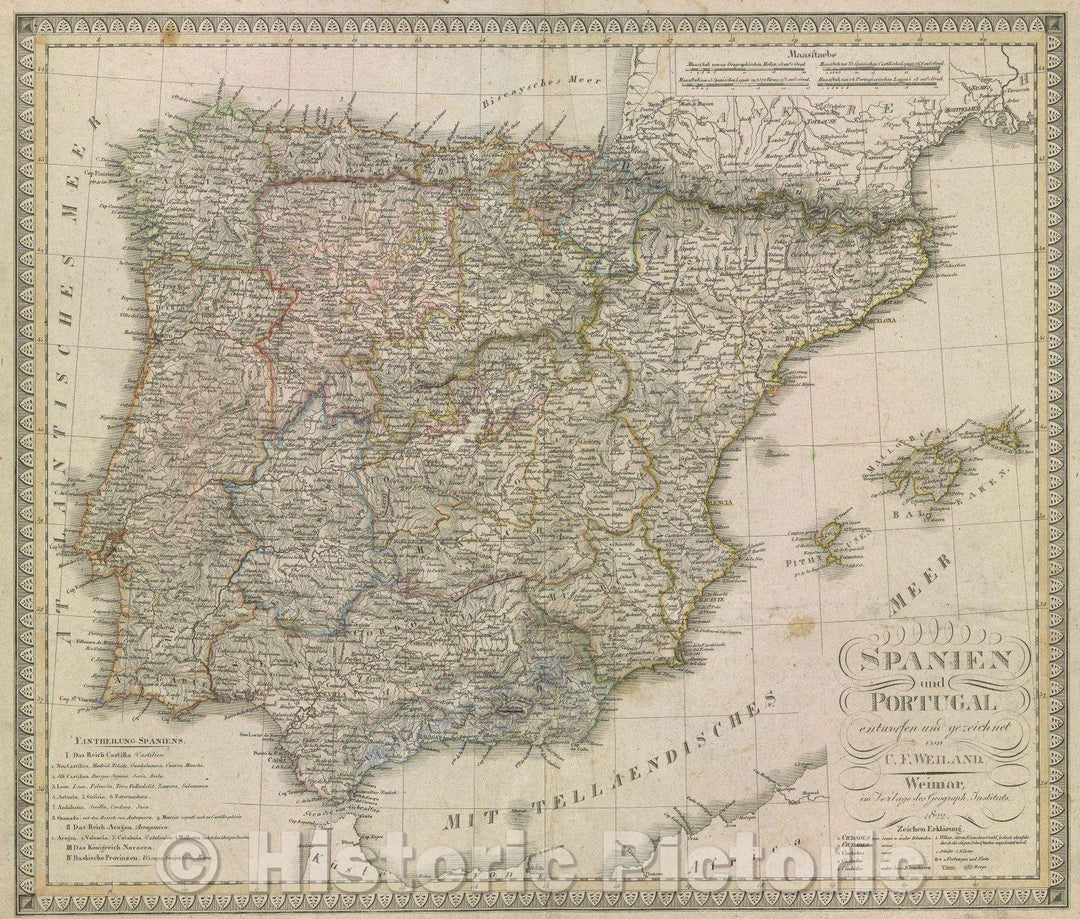 Historic Map : Spanien und Portugal entworfen und gezeichnet von C.F. Weiland, 1822 , Vintage Wall Art