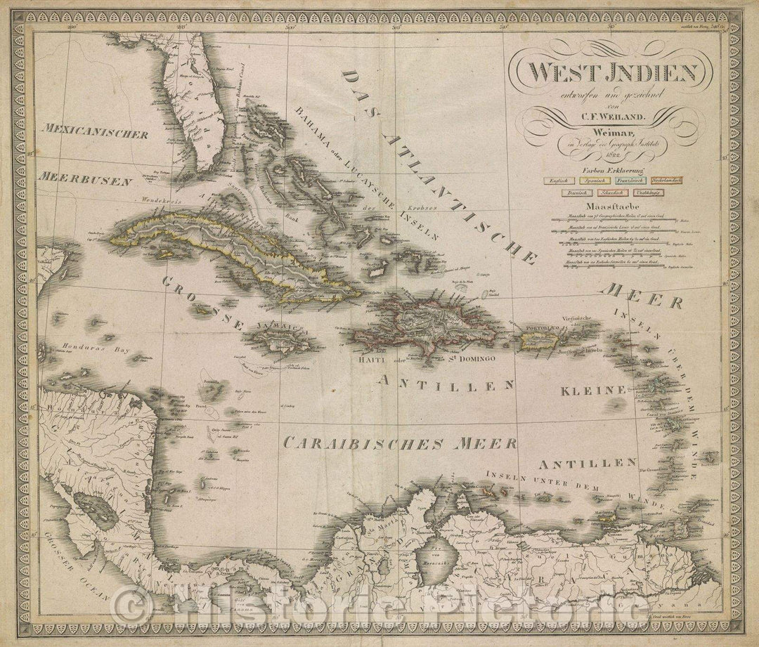 Historic Map : West Indien, 1822 , Vintage Wall Art