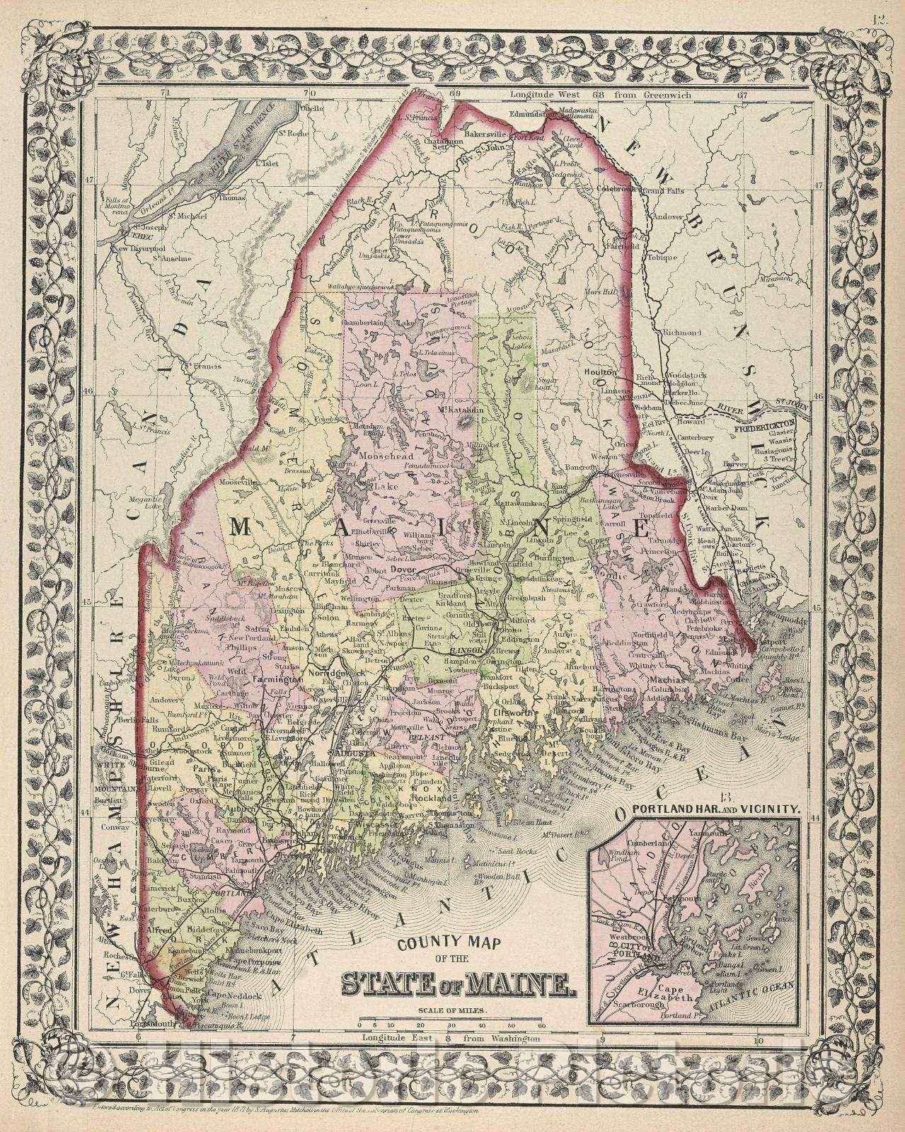 Historic Map : County Map of the State of Maine, 1872 , Vintage Wall Art