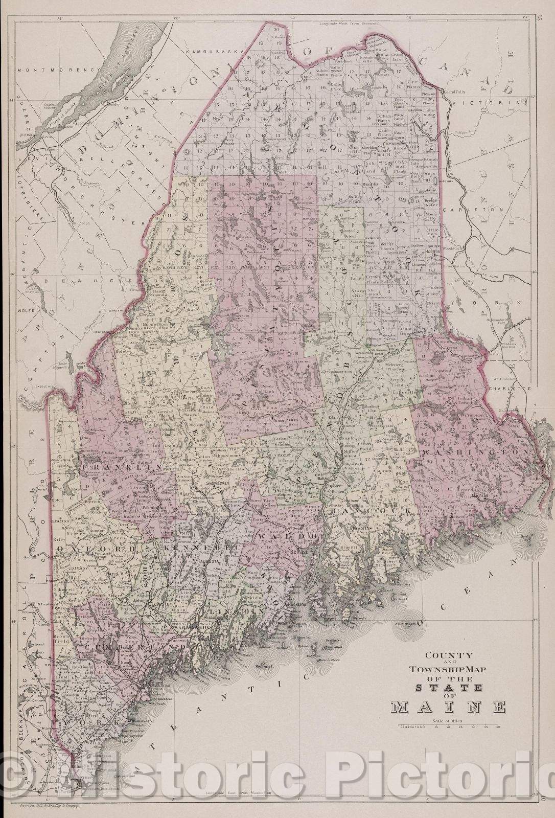 Historic Map : County and Township Map of the State of Maine, 1882 , Vintage Wall Art