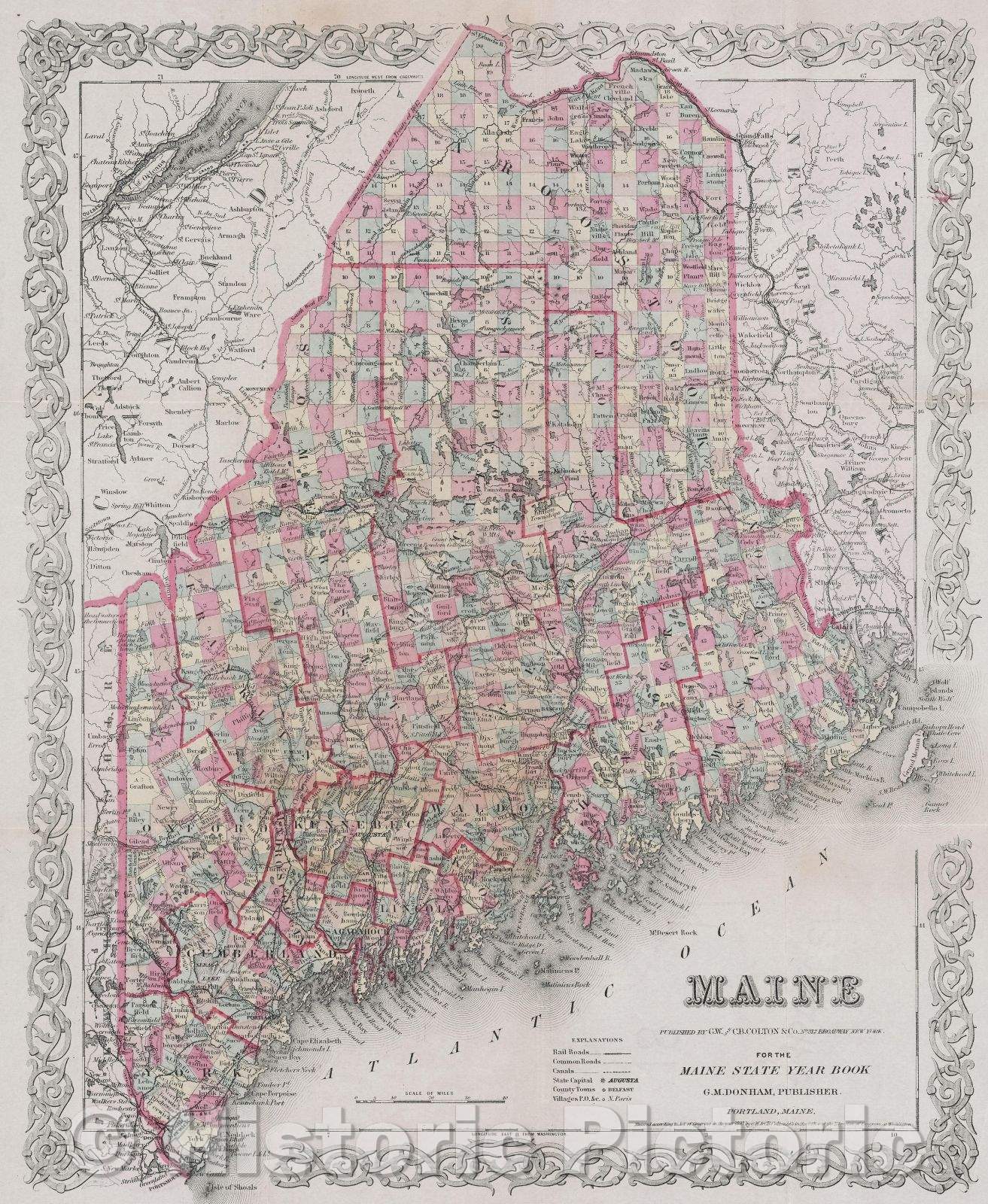 Historic Map : Maine published by G.W. and C.B. Colton and Co. No. 312 Broadway New York for the Maine State Year Book, 1887 , Vintage Wall Art