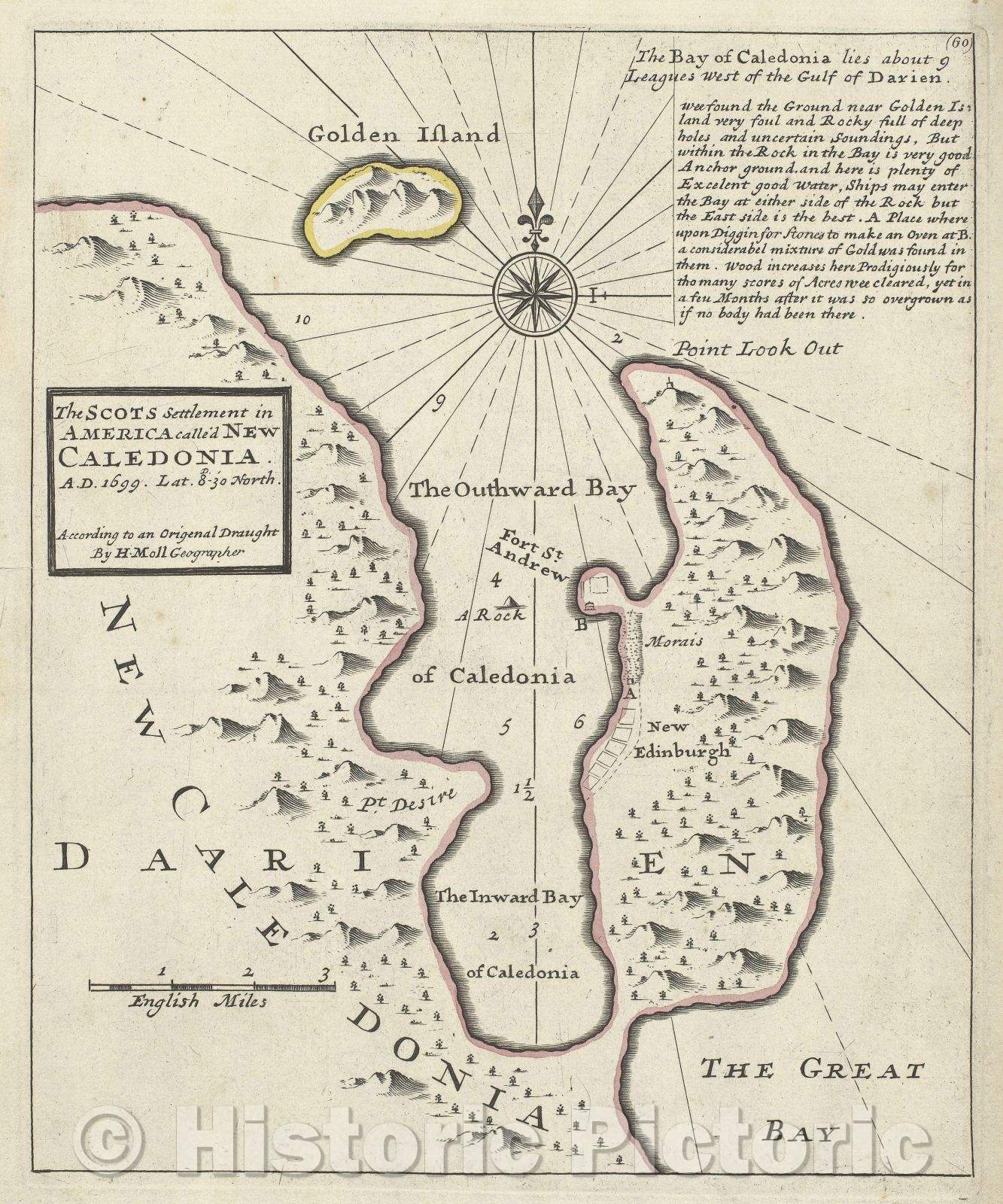 Historic Map : The Scots Settlement in America called New Caledonia, A.D. 1699 ... according to an Origenal Draught by H. Moll Geographer, c. 1729 , Vintage Wall Art