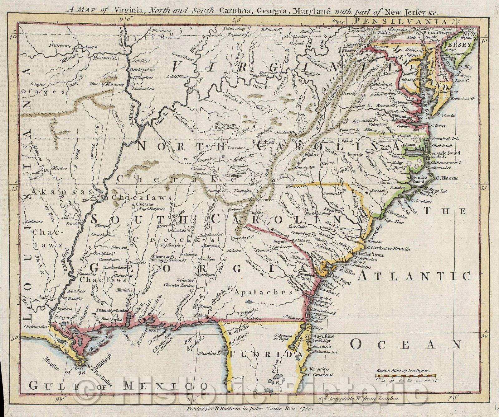 Historic Map : A Map of Virginia, North and South Carolina, Georgia, Maryland with part of New Jersey andc., 1755 , Vintage Wall Art