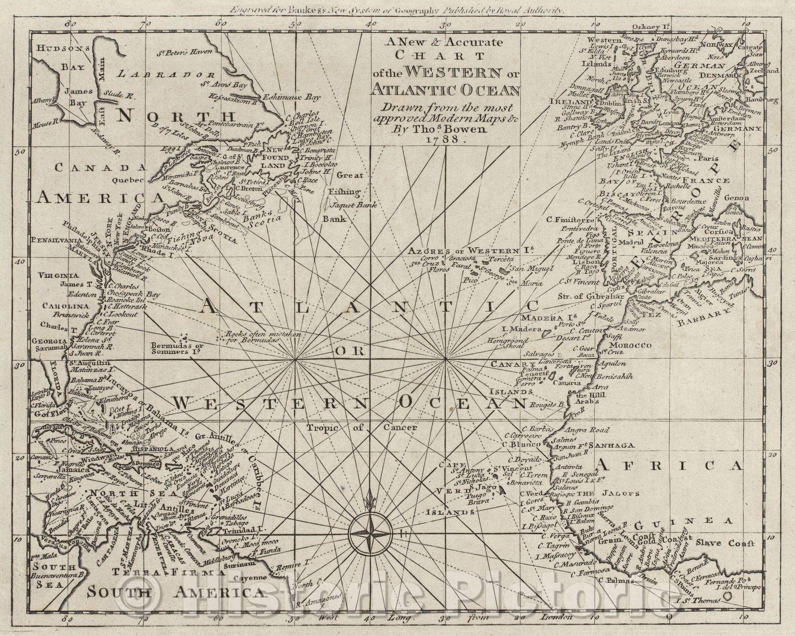 Historic Map : A New and Accurate Chart of the Western or Atlantic Ocean Drawn from the most approved Modern Maps andc by Thos. Bowen, 1788., 1788 , Vintage Wall Art