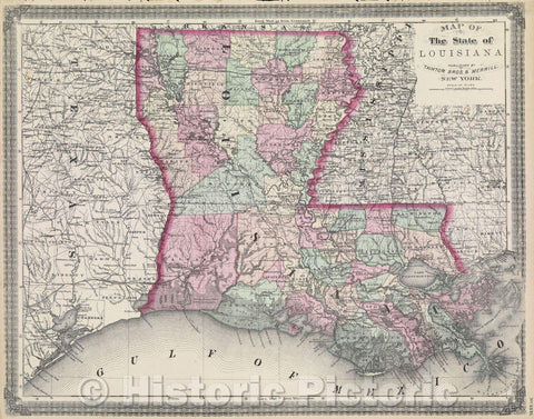 Historic Map : Map of the State of Louisiana, 1874 , Vintage Wall Art