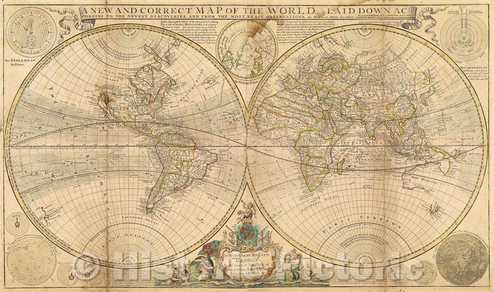 Historic Map : A New and Correct Map of the World laid down according to the newest discoveries, and from the most exact observations by Herman Moll, Geographer, 1709 , Vintage Wall Art