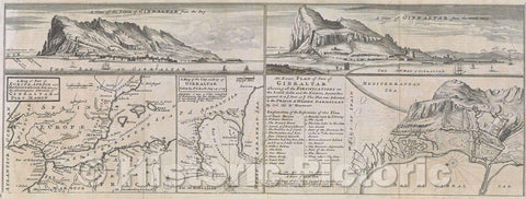 Historic Map : A view of the town of Gibraltar from the bay;  A view of Gibraltar from the north west a map of part of Europe, Africa and Mediterranean Sea, 1745 , Vintage Wall Art