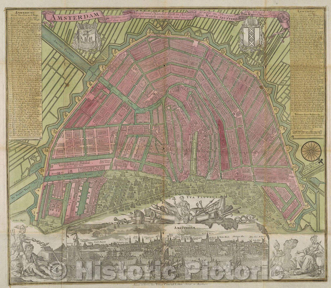 Historic Map : Amsterdam die Weltberu?hmte Haupt und Handel Statt in Holland so wohl im prospect auf das neuest un accurateste entworfen und verlegt von Matth. Seutt, c. 1770 , Vintage Wall Art