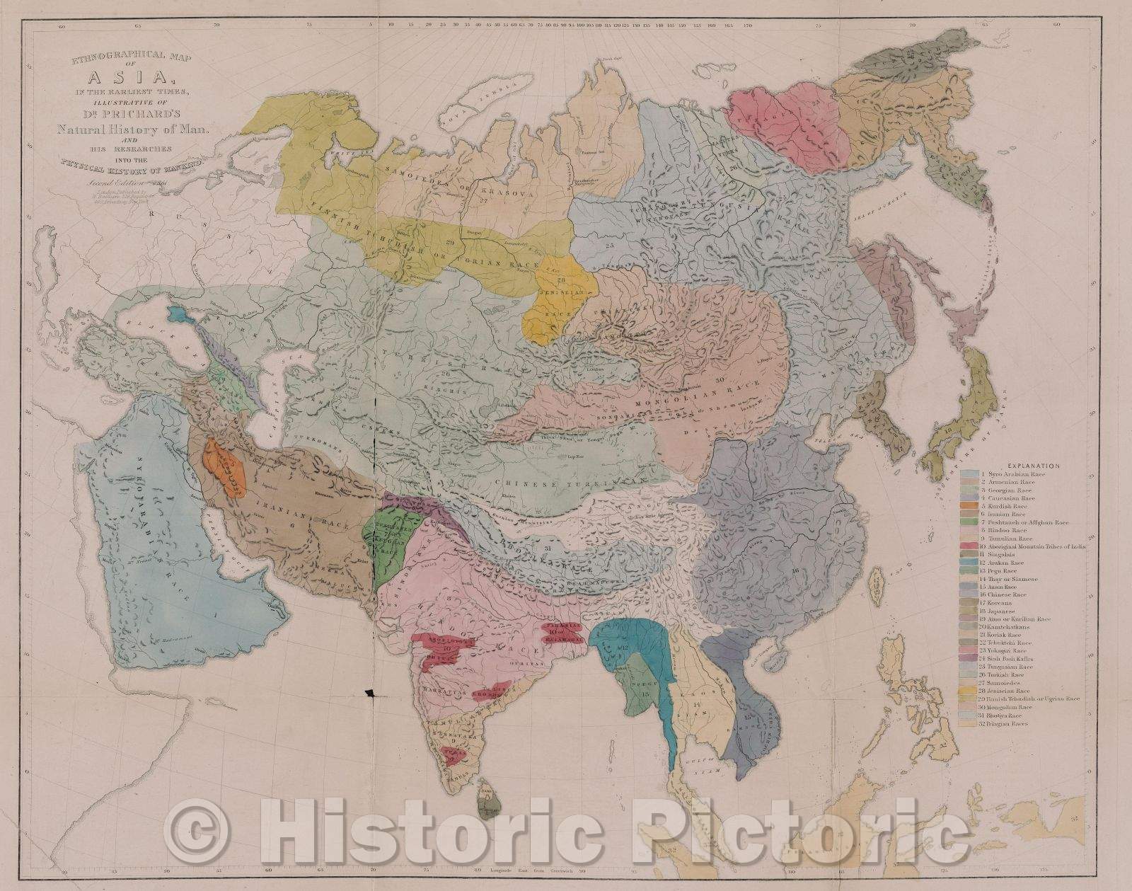 Historic Map : Ethnographical Map of Asia in the earliest times, illustrative of Dr. Prichard's Natural History, 1864 , Vintage Wall Art , v2