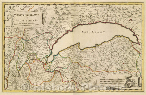 Historic Map : Ducatus Chablasius et Lacus Lemanus cum Regionibus adjacentibus invenitur Amstelodami apud... Lake Geneva, 1700 , Vintage Wall Art