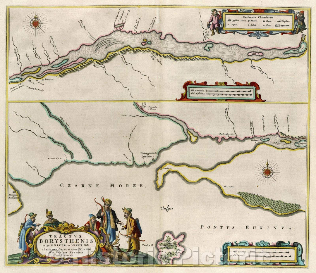 Historic Map : Tractus Borysthenis Vulgo Dniepr et Niepr dicti, a Chortika Ostro ad urbem Oczakow ubi in Pontum Euxinum se exonerat. top, c. 1664 , Vintage Wall Art