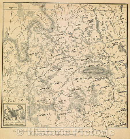 Historic Map : Map of the Rangeley Lakes and Dead River Regions, as Reached via. Boston and Maine, Maine Central, Sandy River, c. 1920 , Vintage Wall Art