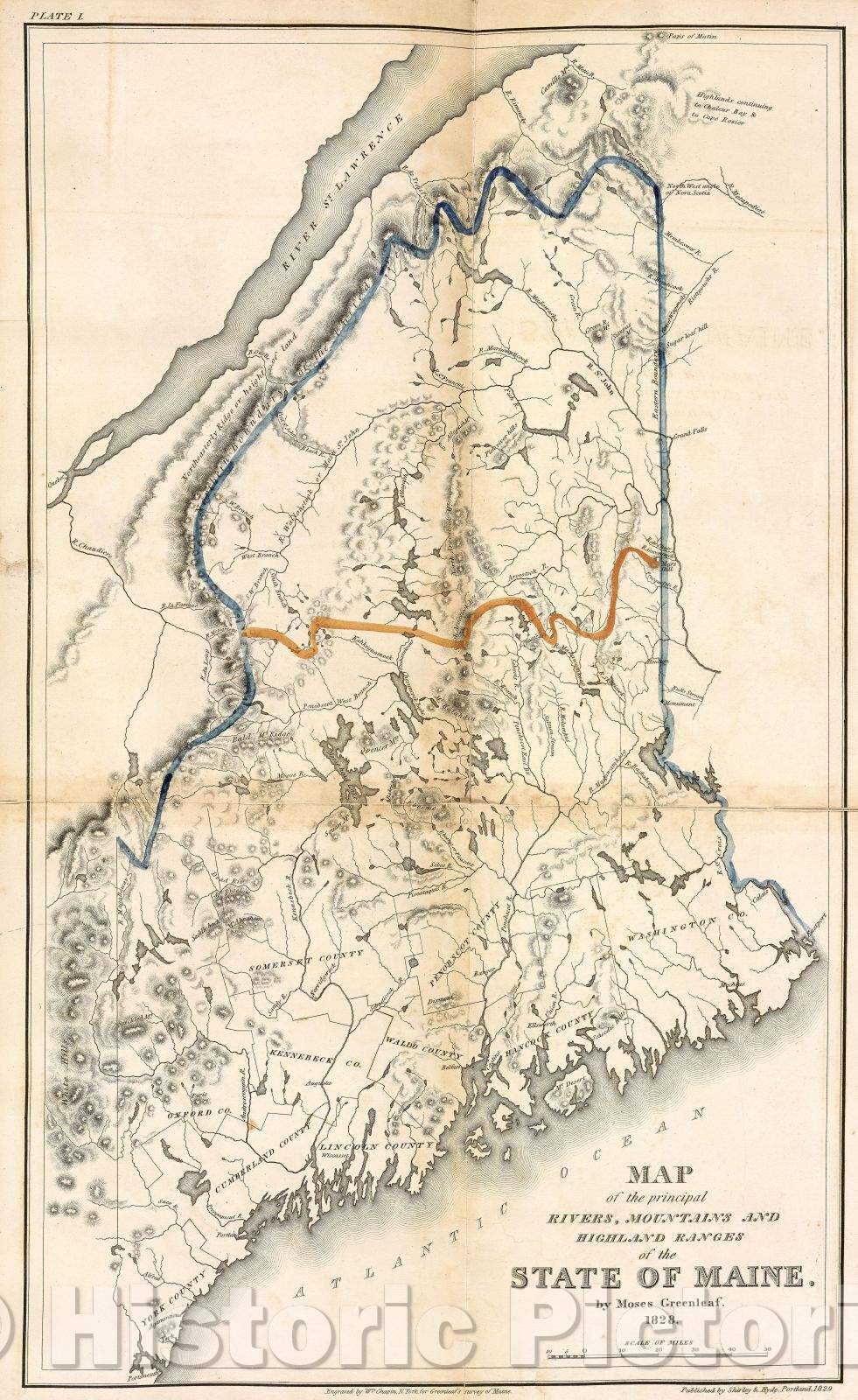 Historic Map : Map of the principal rivers, mountains and highland ranges of the State of Maine., 1829 , Vintage Wall Art