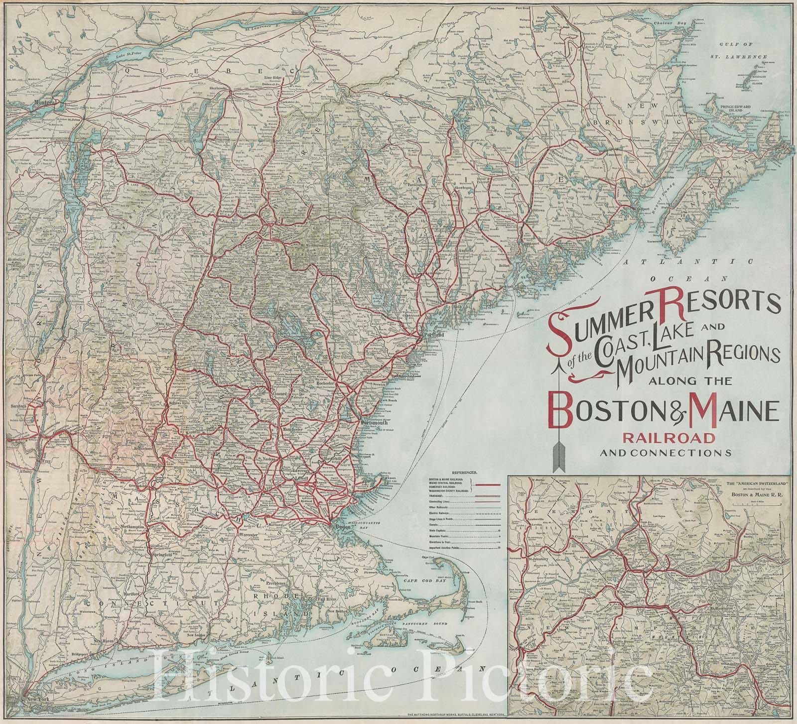 Historic Map : Summer Resorts of the Coast, Lake and Mountain Regions along the Boston and Maine Railroad and Connections, Vintage Wall Art