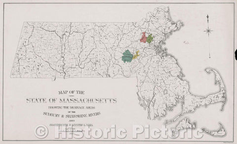 Historic Map : Map of the State of Massachusetts showing the drainage areas of the Sudbury and Shawshine Rivers and Cochituate and Mystic Lakes, 1886 , Vintage Wall Art
