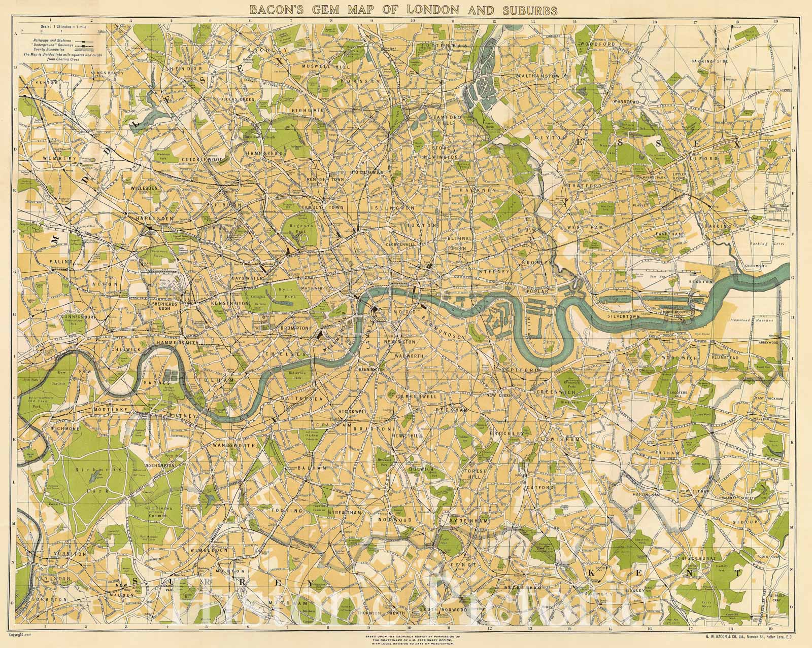 Historic Map : Bacon's Gem Map of London and Suburbs, c. 1932 , Vintage Wall Art